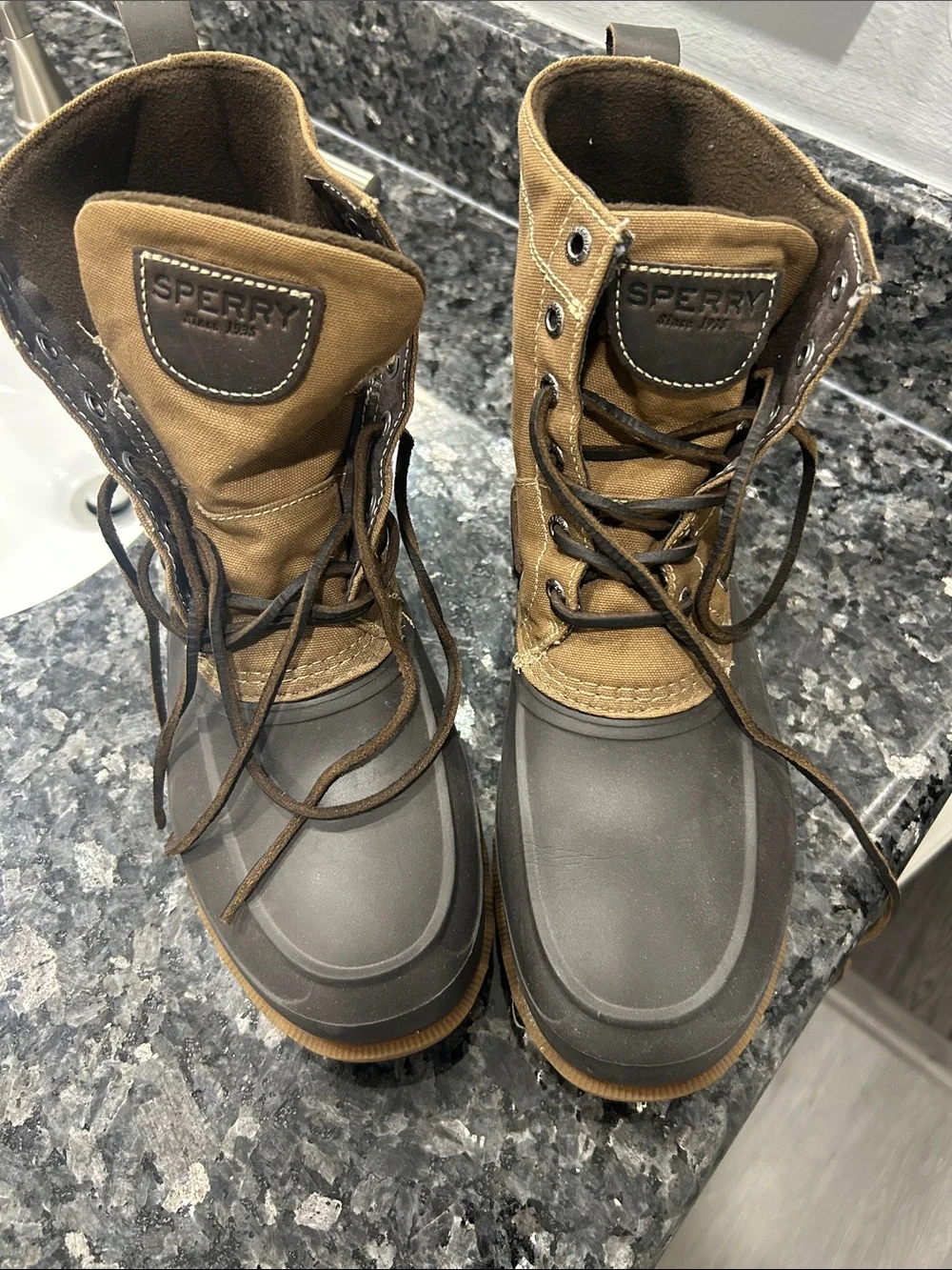 Sperry Two-Tone Waterproof Lace-Up Men’s Duck Boots in Tan and Dark Brown